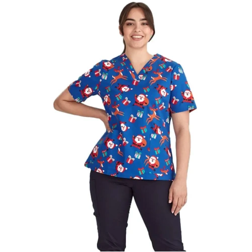 WORKWEAR, SAFETY & CORPORATE CLOTHING SPECIALISTS Ladies Short Sleeve Christmas Scrub Top