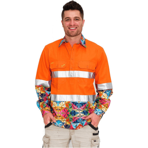 WORKWEAR, SAFETY & CORPORATE CLOTHING SPECIALISTS MENS FRACTAL HI VIS DAY/ NIGHT ORANGE 1/2 PLACKET WORKSHIRT