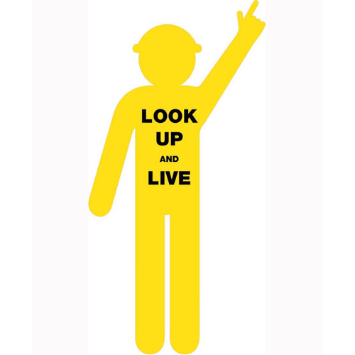 WORKWEAR, SAFETY & CORPORATE CLOTHING SPECIALISTS - 1800x900mm - Corflute - Yellow Cut Out Safety Construction Worker  [Arms Up - Finger Pointing] Print